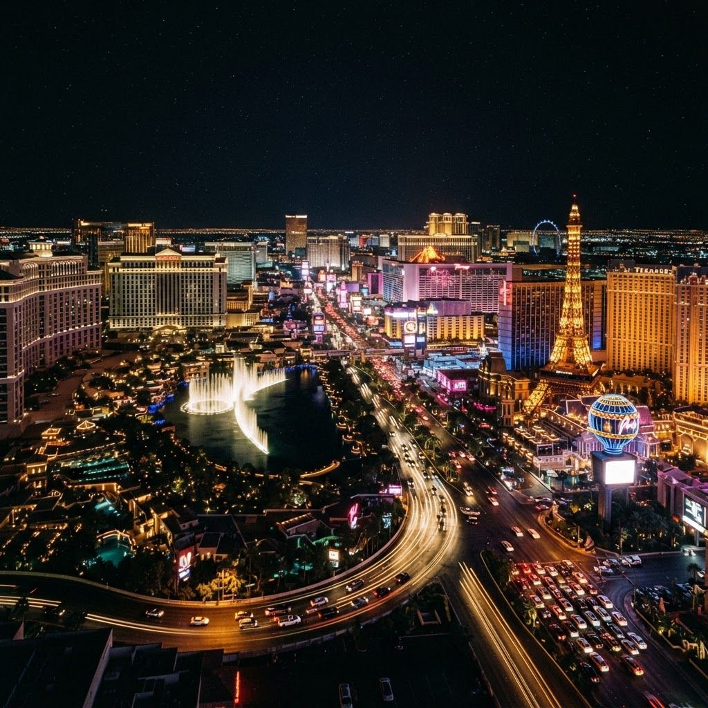 Der beleuchtete Las Vegas Strip bei Nacht