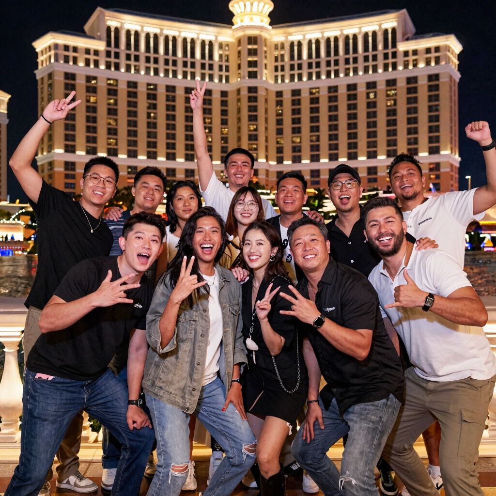 Ausgelassene Gruppe von Freunden vor dem Bellagio bei Nacht