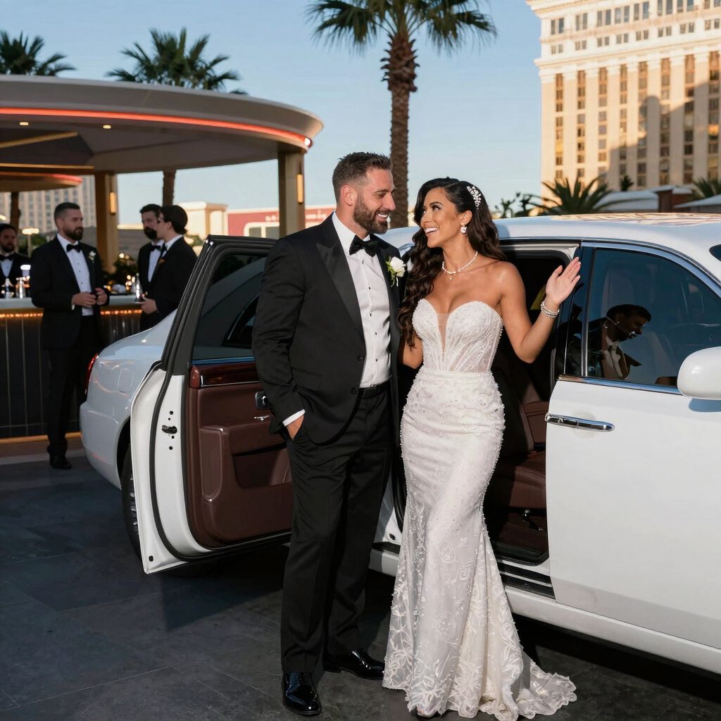 Brautpaar vor einem weißen Oldtimer in Las Vegas